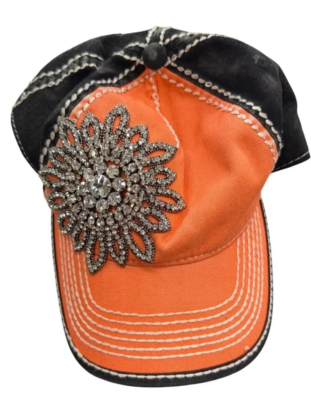 Olive & Pique Orange Distressed Baseball Cap with Huge Rhinestone Flower Bling